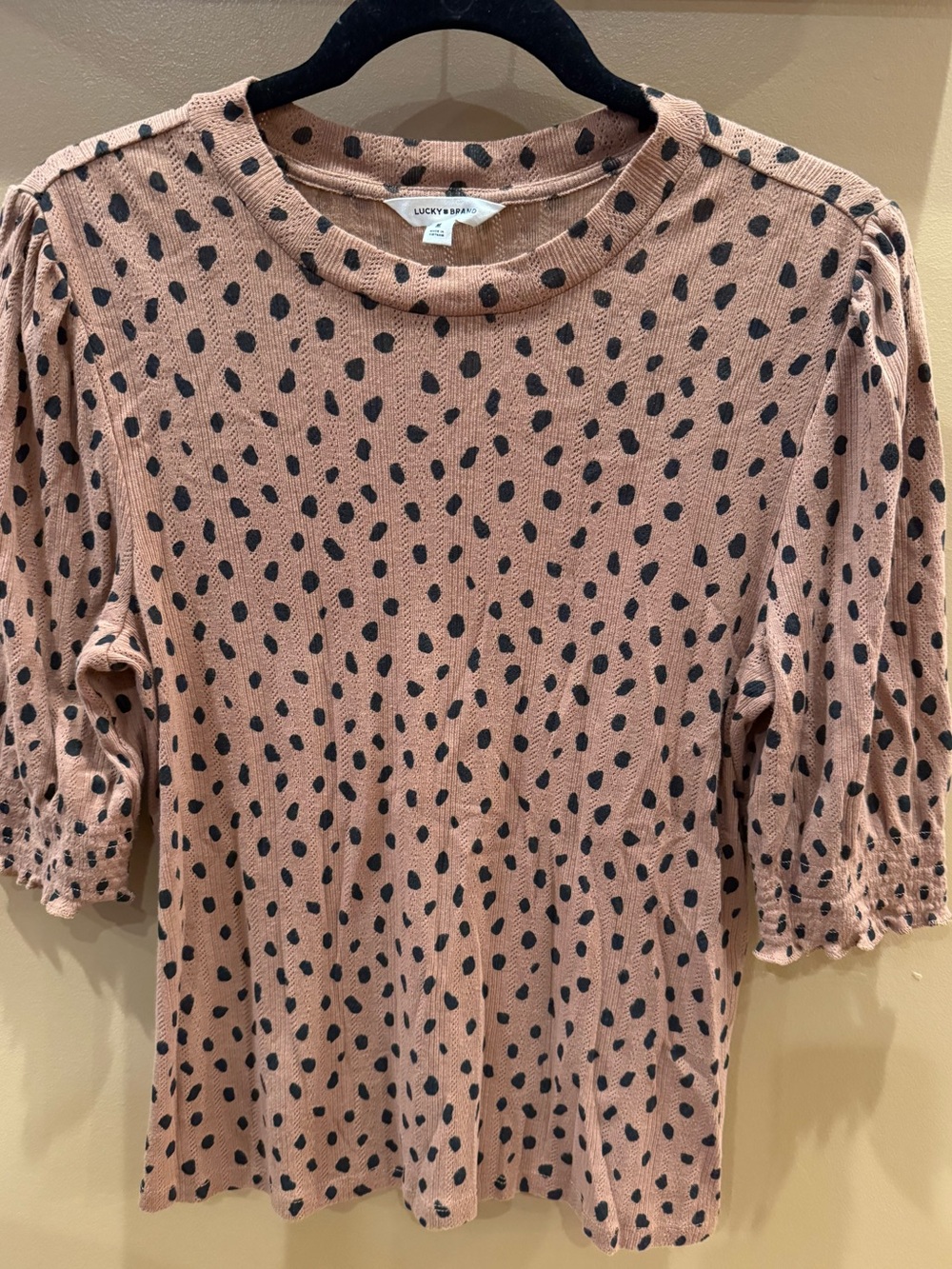 Lucky Brand Brown Polka Dot 3/4 Puff Sleeve Top size medium